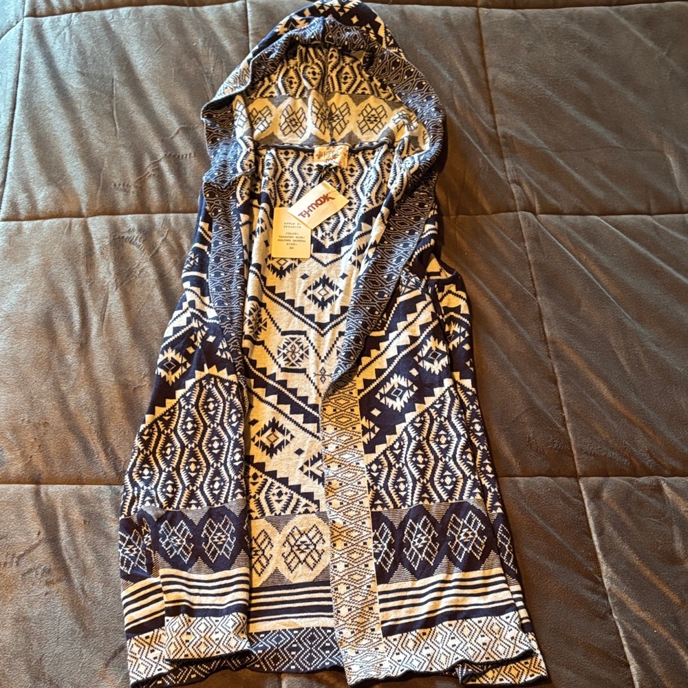 Hippie Rose Navy and Cream Hooded Cardigan Vest